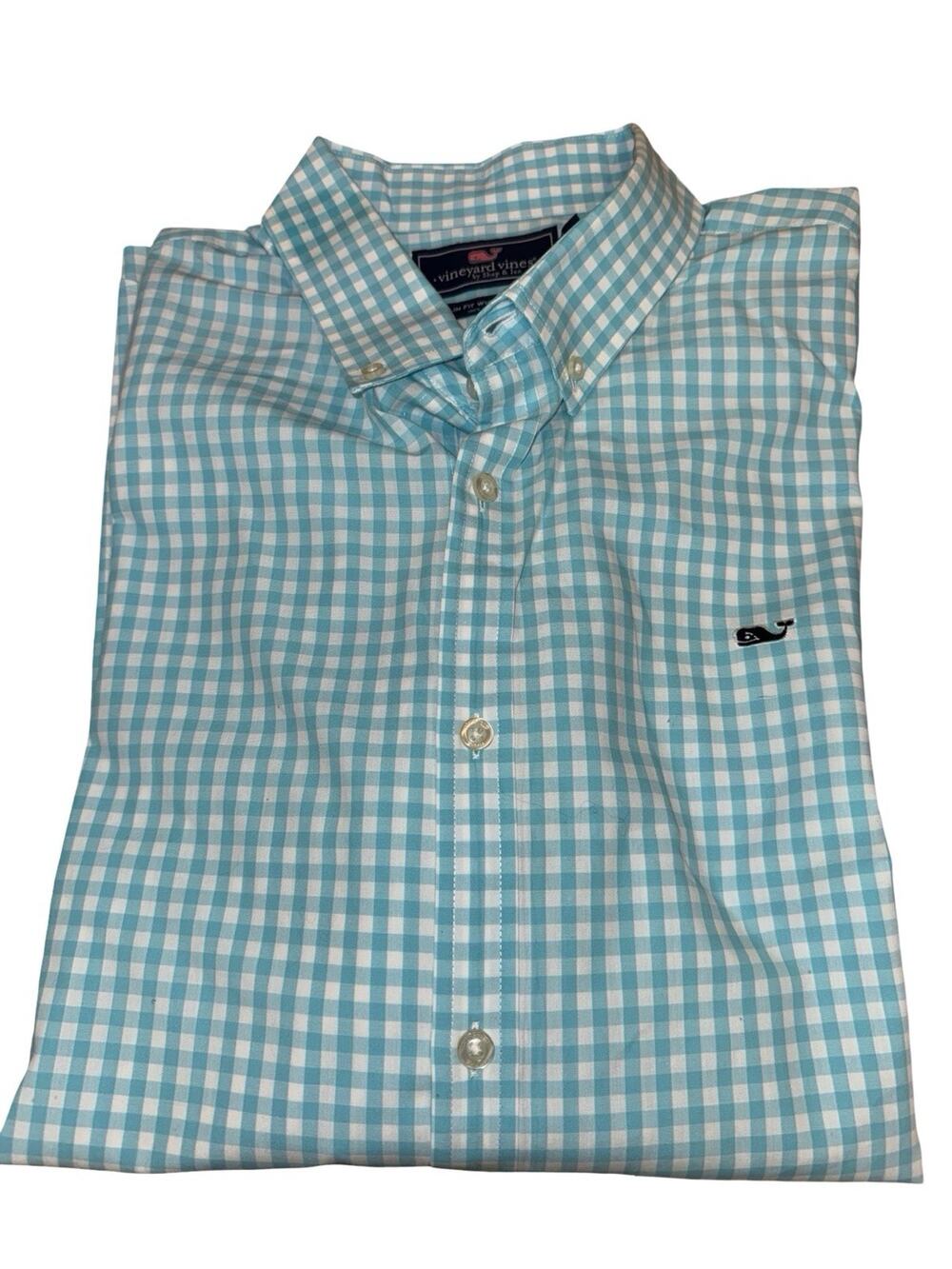 Vineyard Vines Slim Fit Whale Shirt Aqua Check Cotton Sz XXL (50” Chest)